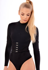 Black High Neck Corset Detail Bodysuit - Hilda