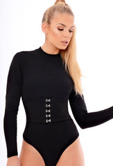 Black High Neck Corset Detail Bodysuit - Hilda