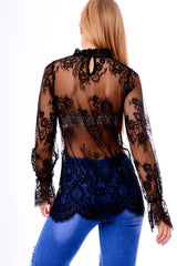 Black High Neck Floral Lace Bell Sleeve Top - Elenore