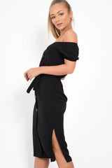 Black Bardot Puff Sleeve Button Midi Dress - Jacinta