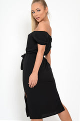 Black Bardot Puff Sleeve Button Midi Dress - Jacinta