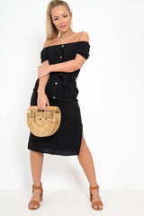 Black Bardot Puff Sleeve Button Midi Dress - Jacinta