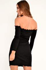 Black Rib Bardot Button Down Mini Dress - Janora