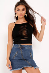 Black Slashed Front Detail Top - Kalee