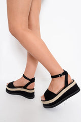 Black Faux Suede Platform Wedges - Kareli