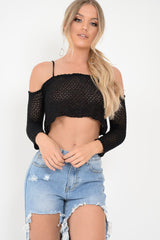Black Knitted Bardot Crop Top - Inari