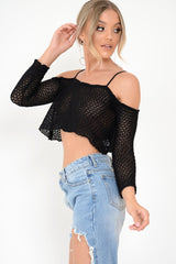 Black Knitted Bardot Crop Top - Inari