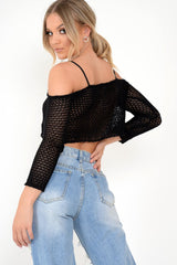 Black Knitted Bardot Crop Top - Inari