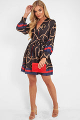Navy Chain Print Satin Plunge Shirt Dress - Cristen