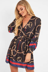 Navy Chain Print Satin Plunge Shirt Dress - Cristen