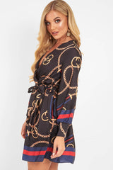 Navy Chain Print Satin Plunge Shirt Dress - Cristen