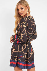 Navy Chain Print Satin Plunge Shirt Dress - Cristen