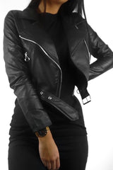 Black Faux Leather Crop Zip Front Jacket - Deniya