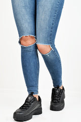 Black PU Lace Up Sole Detail Trainers - Lennix