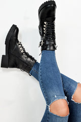 Black PU Lace Up Buckle Detail Biker Boots - Novah
