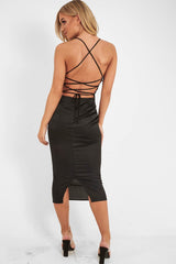 Black Satin Cowl Neck Midi Bodycon Dress - Liliana