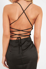 Black Satin Cowl Neck Midi Bodycon Dress - Liliana