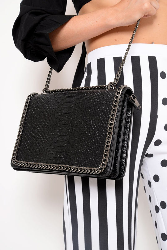 Black Faux Croc Chain Detail Bag - Makaila