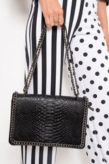 Black Faux Croc Chain Detail Bag - Makaila