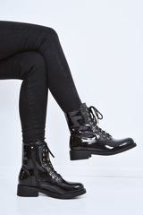 Black Patent Stud Detail Biker Boots - Meia
