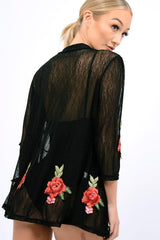 Black Mesh Floral Applique Kimono - Lizzy
