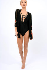Black Mesh Floral Applique Kimono - Lizzy