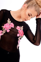 Black Mesh Floral Embroidered Long Sleeve Top - Lisha