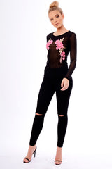 Black Mesh Floral Embroidered Long Sleeve Top - Lisha