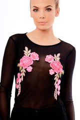 Black Mesh Floral Embroidered Long Sleeve Top - Lisha