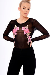 Black Mesh Floral Embroidered Long Sleeve Top - Lisha