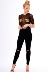 Black Mesh Lion Embroidered Top - Kourtney