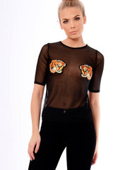 Black Mesh Lion Embroidered Top - Kourtney