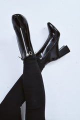 Black Patent Zip Front Ring Pull Block Heel Boots - Mischa