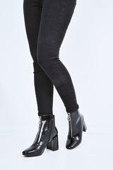 Black Patent Zip Front Ring Pull Block Heel Boots - Mischa