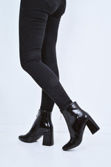 Black Patent Zip Front Ring Pull Block Heel Boots - Mischa
