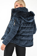 Navy Velour Fur Hood Puffer Jacket - Eastlynn