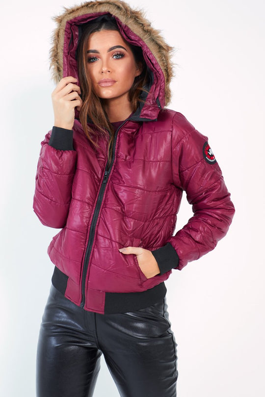 Wine Faux Fur Hooded Puffer Coat - Kamorah
