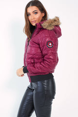 Wine Faux Fur Hooded Puffer Coat - Kamorah