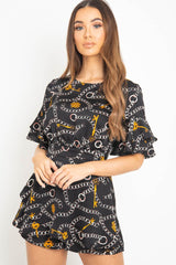 Black Chain Print Ruffle Sleeve Playsuit - Parrish
