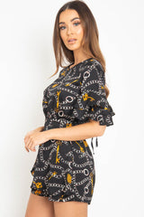 Black Chain Print Ruffle Sleeve Playsuit - Parrish