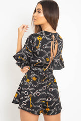 Black Chain Print Ruffle Sleeve Playsuit - Parrish