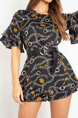 Black Chain Print Ruffle Sleeve Playsuit - Parrish