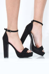 Black Suede Open Toe Block Heels - Emma