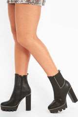 Black PU Stud Trim Platform Heel Boots - Emmalise