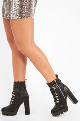 Black PU Lace Up Platform Heel Boots - Makyra