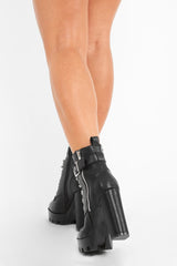 Black PU Lace Up Platform Heel Boots - Makyra