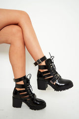 Black PU Cut Out Buckle Ankle Boots - Morgyn
