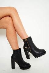 Black Pu Block Heel Zip Side Boots - Seraphine