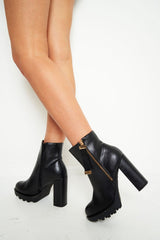 Black Pu Block Heel Zip Side Boots - Seraphine