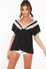 Black Pom Pom Trim Plunge Top - Raaya